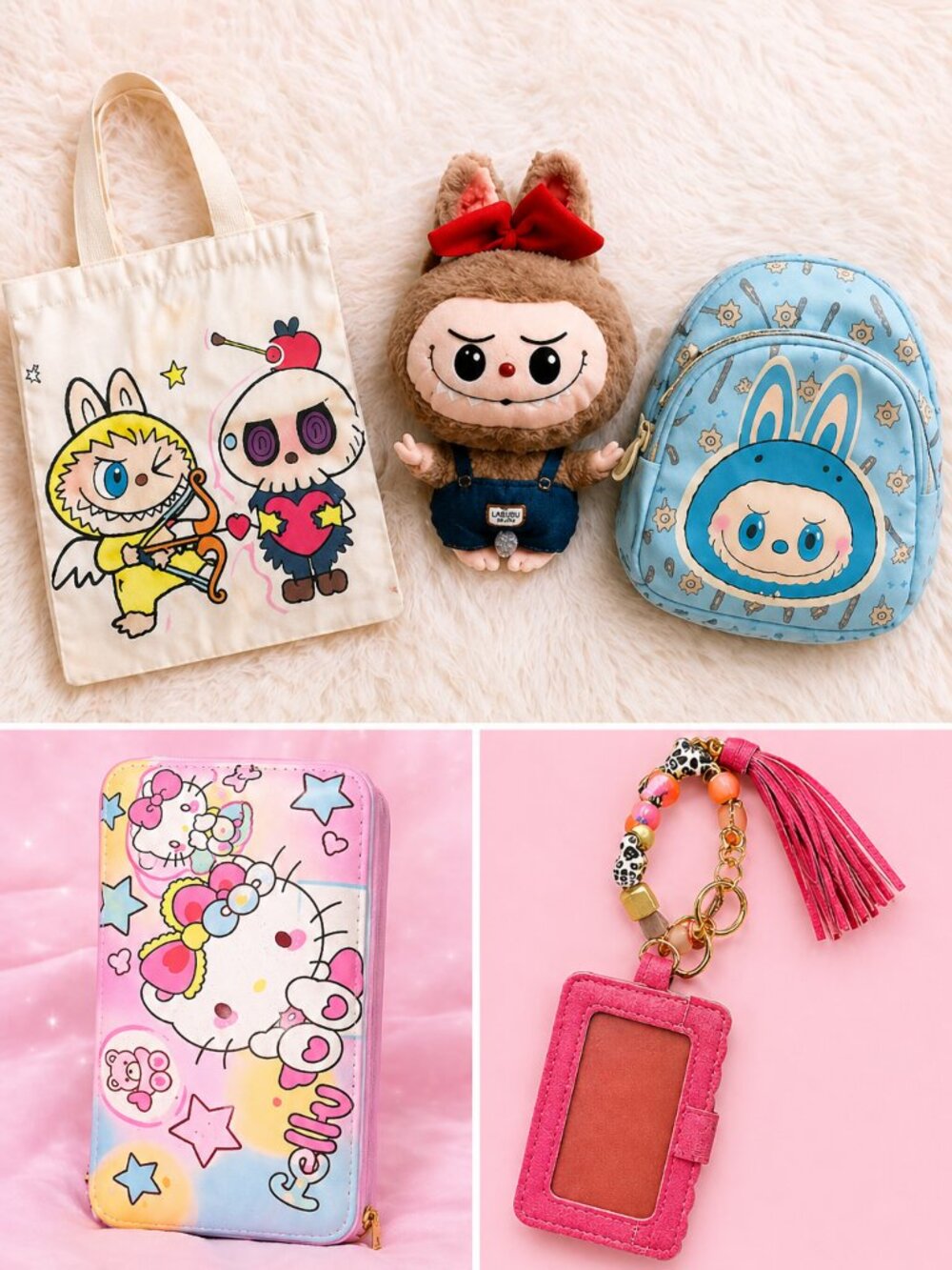 Kawaii Bag Bundle Labubu Hello Kitty Wallet Cute Plush Crossbody Set 5pc